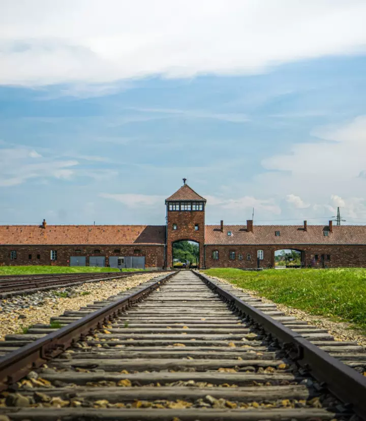 Railway tracks leading to the entrance building at Auschwitz-Birkenau