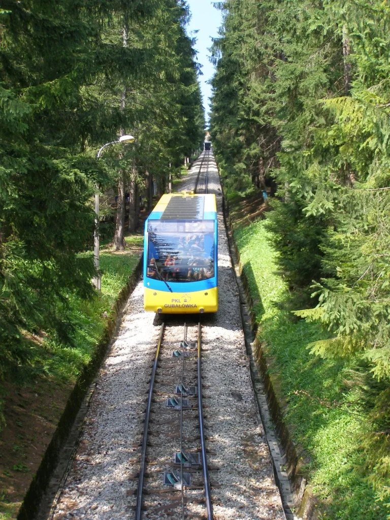 The funicular travelling through green woodland on Gubalowka