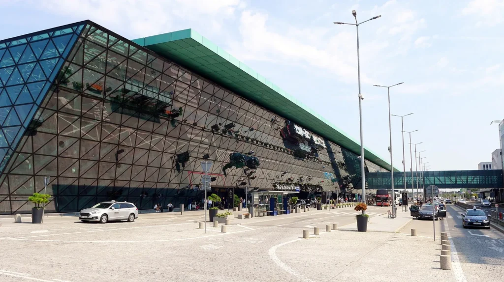 The terminal and roadside pickup area at Krakow Airport