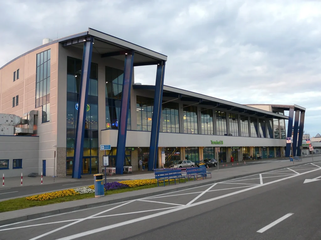 The exterior and access road of Terminal B at Katowice Airport