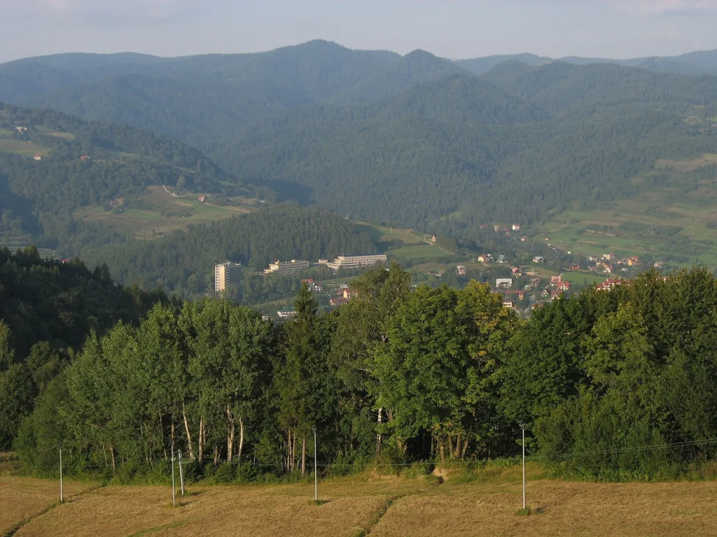Szczawnica and wooded Pieniny hills seen from a mountain viewpoint