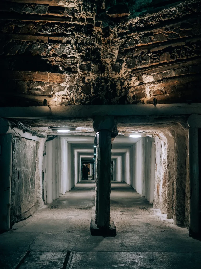 An underground salt chamber with carved columns at Wieliczka