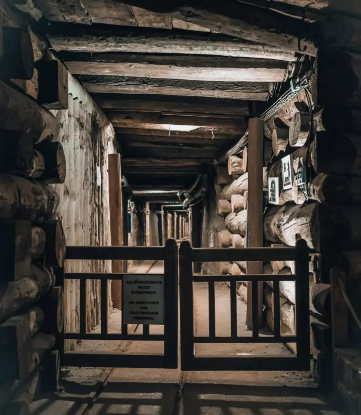A passage with timber supports inside Wieliczka Salt Mine